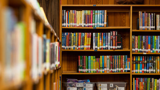Colorful vintage books on a wooden bookshelf